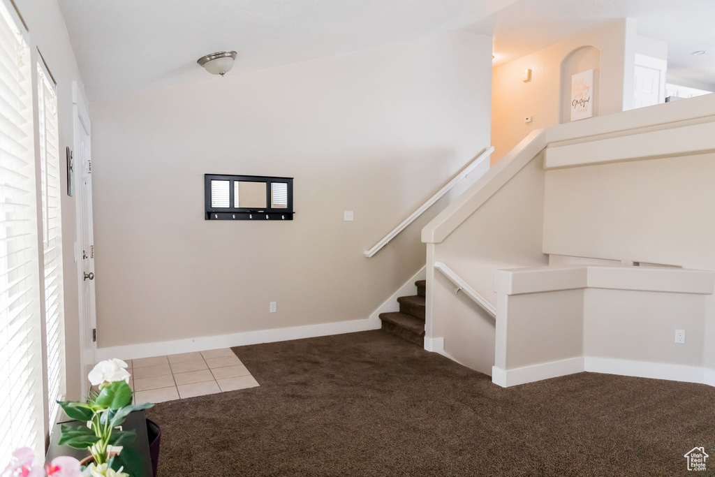 Stairway featuring tile patterned floors, baseboards, and carpet