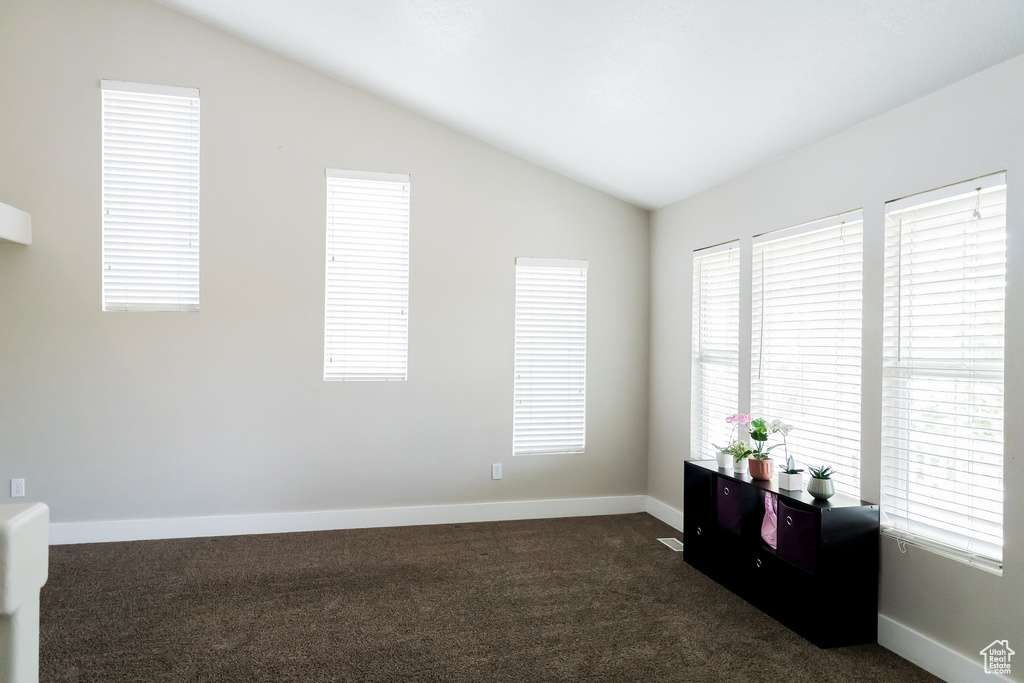 Unfurnished room with dark carpet, baseboards, and vaulted ceiling