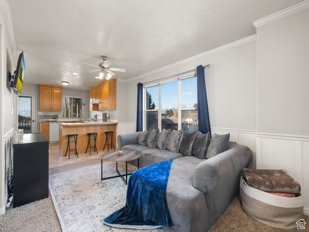 Living area featuring a ceiling fan, a textured ceiling, crown molding, wainscoting, and a decorative wall