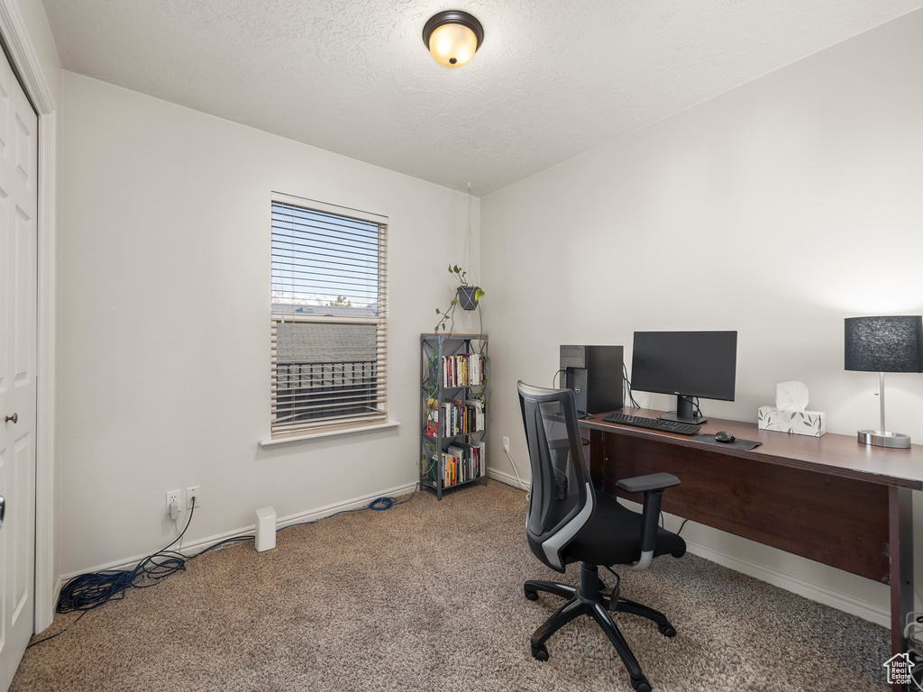 Carpeted home office featuring baseboards and a textured ceiling