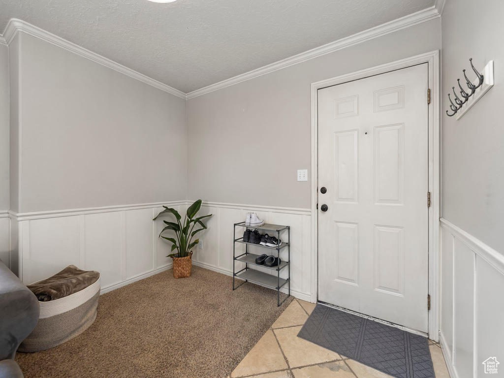 Entryway with carpet floors, a decorative wall, ornamental molding, and a wainscoted wall