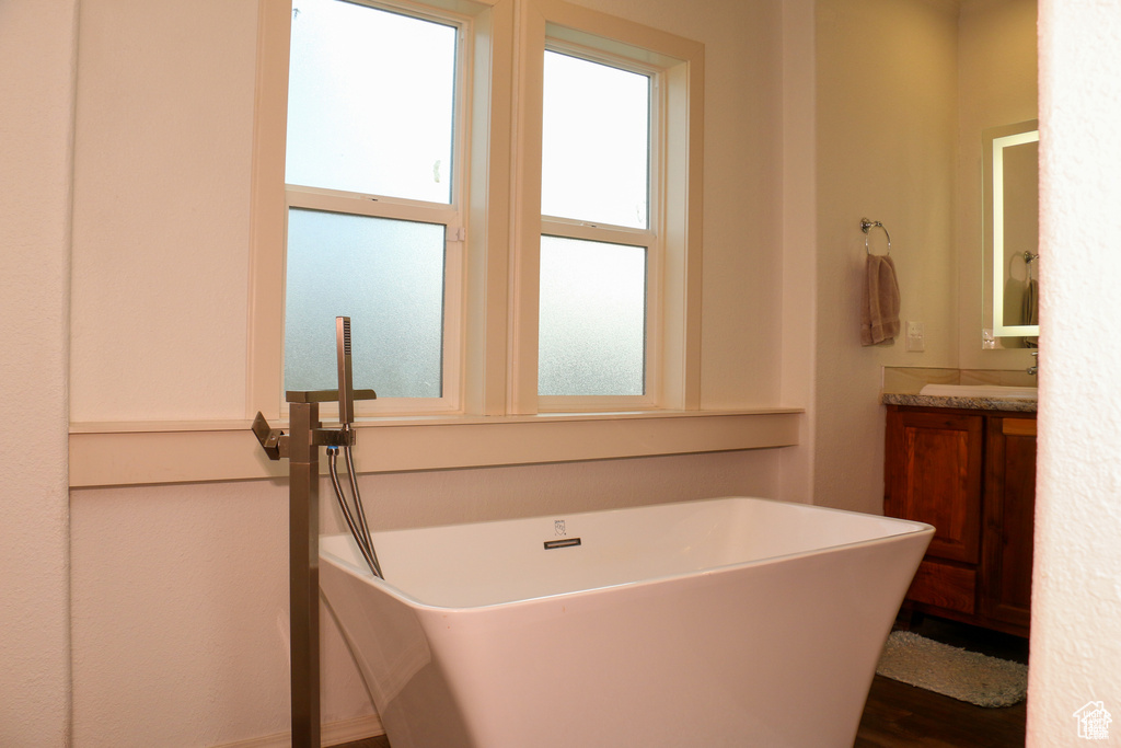 Full bathroom featuring a freestanding bath, wood finished floors, and vanity