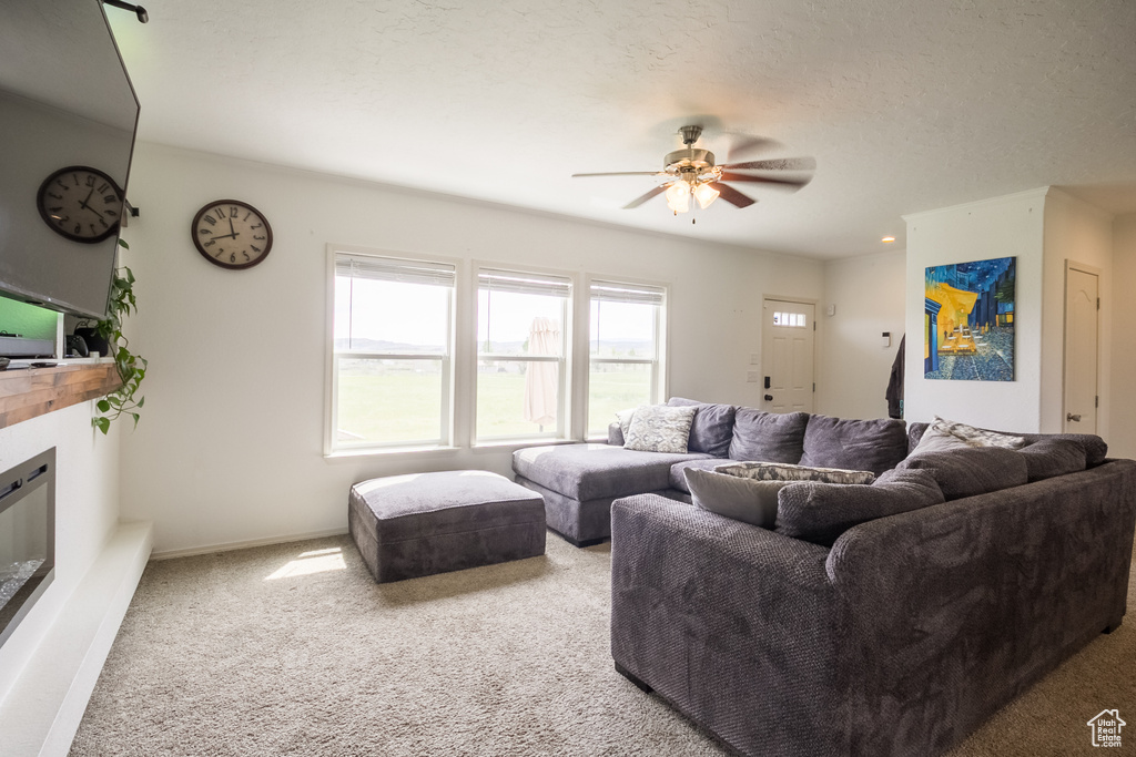 Living area with carpet, a ceiling fan, a glass covered fireplace, and baseboards