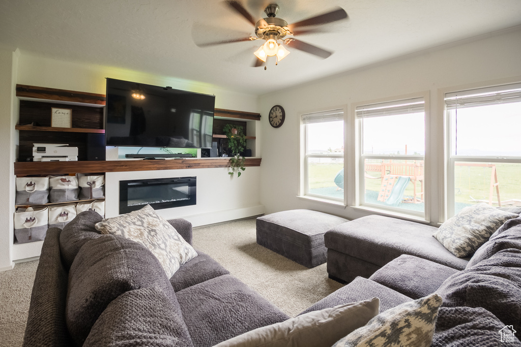 Living room with carpet, a ceiling fan, a glass covered fireplace, and baseboards