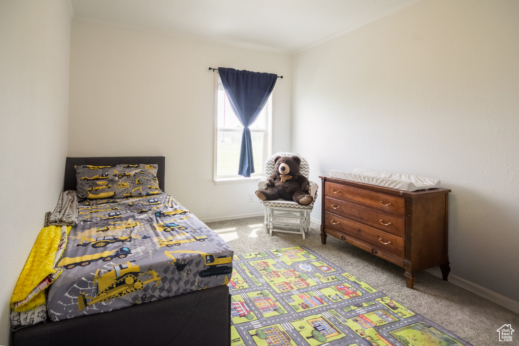 Carpeted bedroom with crown molding and baseboards