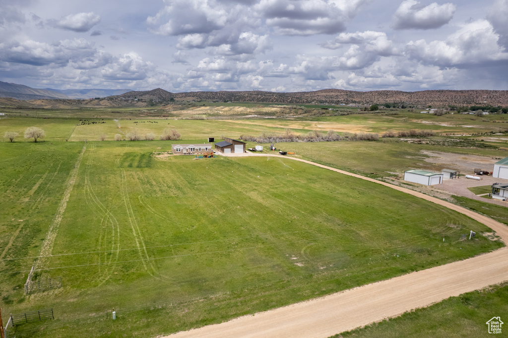 Overview of rural landscape featuring mountains