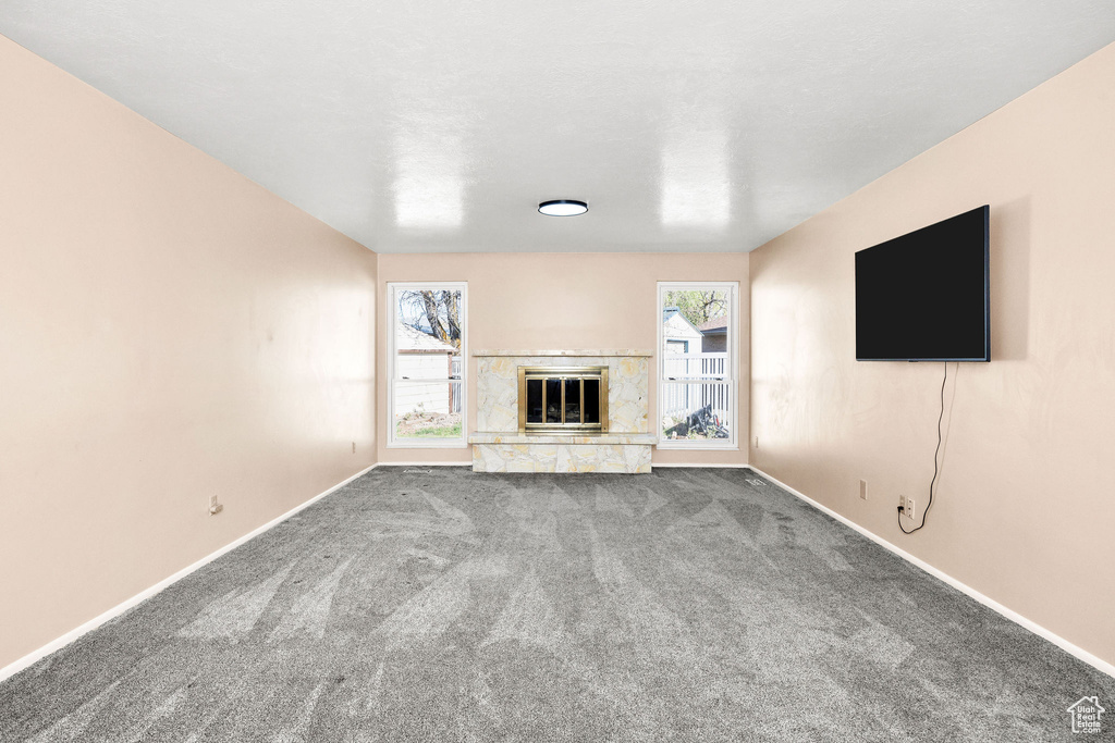 Unfurnished living room featuring baseboards, carpet flooring, a healthy amount of sunlight, and a fireplace