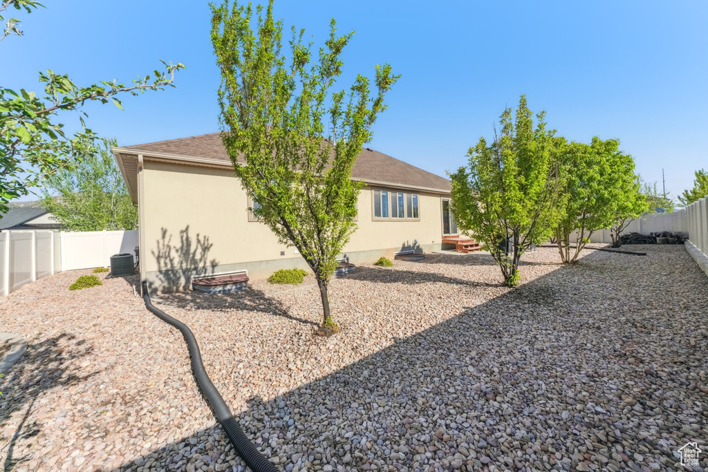 Rear view of house featuring a fenced backyard, roof with shingles, stucco siding, and central AC unit