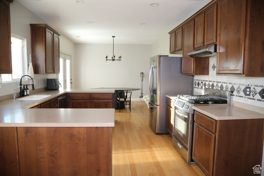 Kitchen with appliances with stainless steel finishes, a sink, light wood-style flooring, a peninsula, and under cabinet range hood