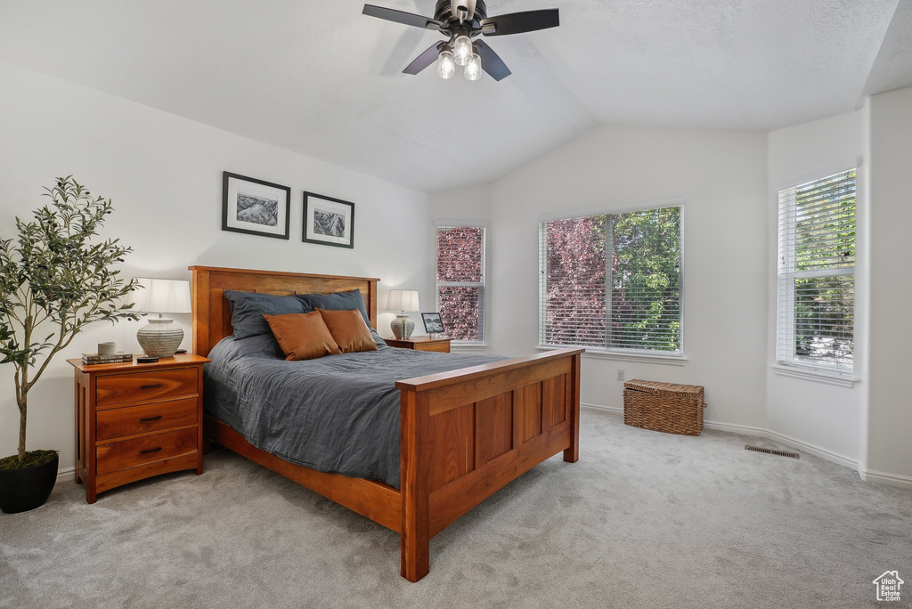Bedroom featuring carpet flooring, lofted ceiling, baseboards, and a ceiling fan