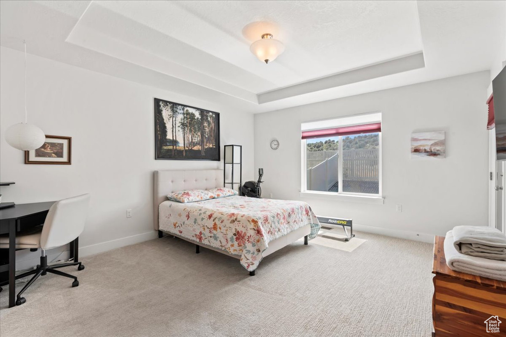 Carpeted bedroom featuring baseboards and a raised ceiling
