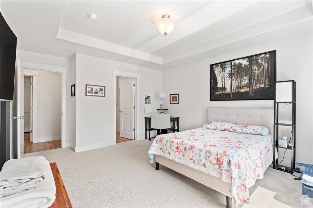 Carpeted bedroom with a raised ceiling and baseboards