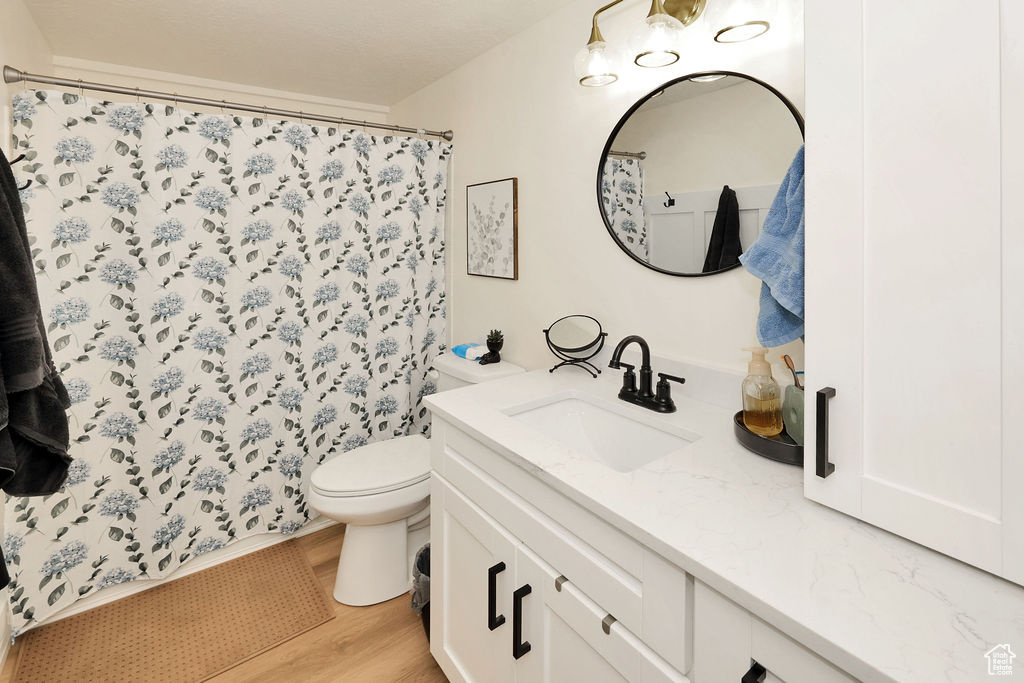 Full bath featuring toilet, curtained shower, wood finished floors, and vanity