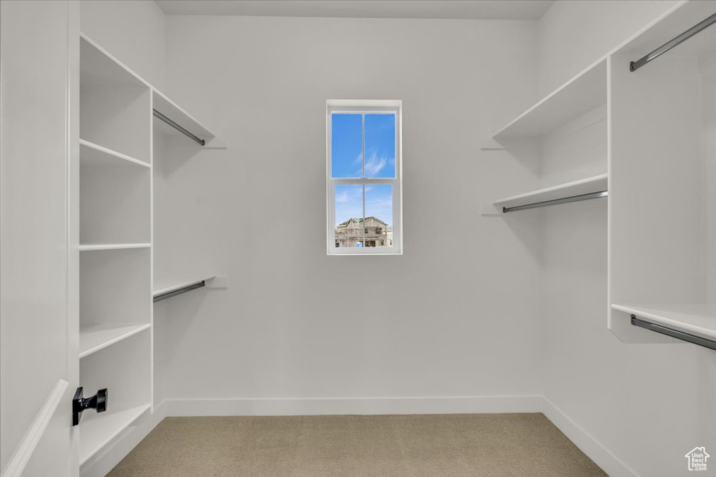 Spacious closet with light carpet