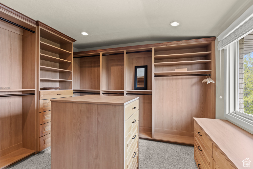 Walk in closet featuring light carpet