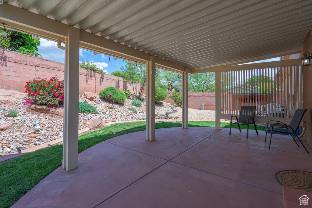 View of patio featuring a fenced backyard
