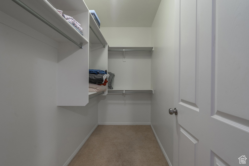 Walk in closet featuring light carpet