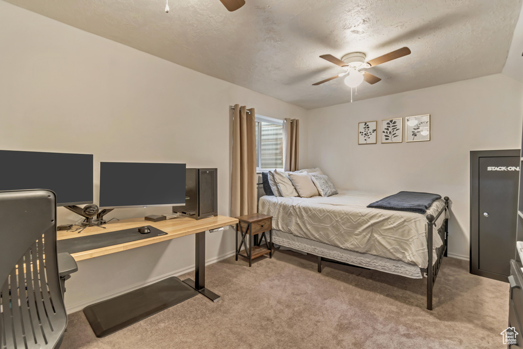 Carpeted bedroom with ceiling fan and a textured ceiling