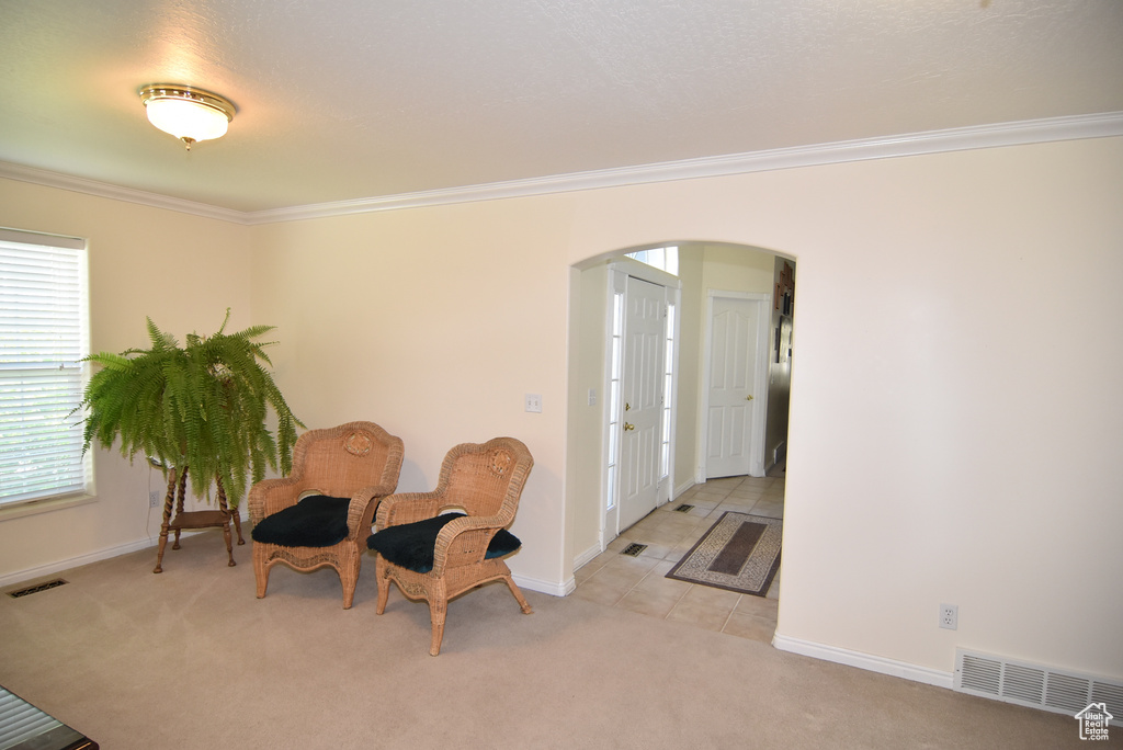 Sitting room featuring arched walkways, ornamental molding, carpet flooring, baseboards, and tile patterned flooring
