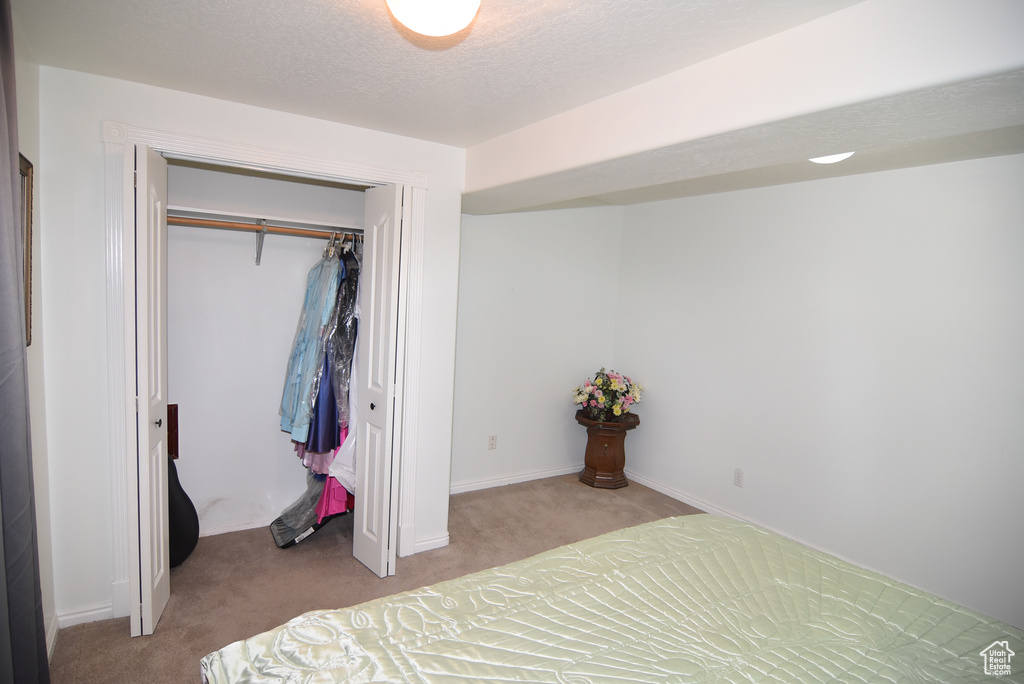 Carpeted bedroom featuring a closet and baseboards