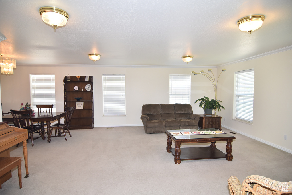 Living room with ornamental molding, carpet floors, a chandelier, and baseboards