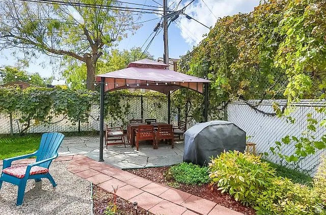 View of patio with a fenced backyard and a gazebo