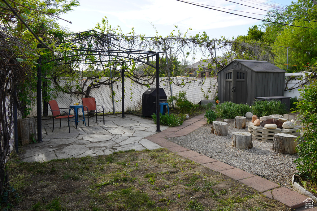 View of yard with a patio, a fenced backyard, a storage shed, and an outdoor structure