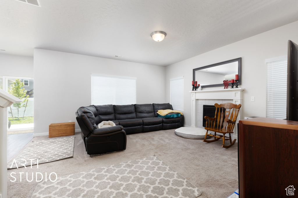 Carpeted living area with a fireplace