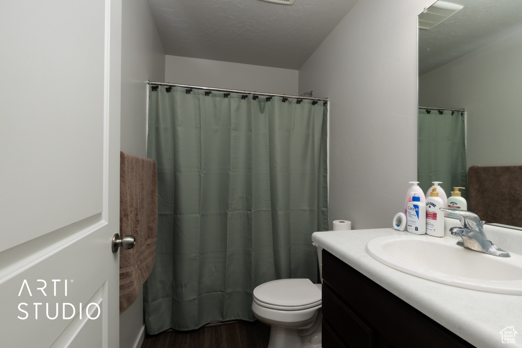 Full bathroom featuring wood finished floors, vanity, toilet, and a shower with curtain