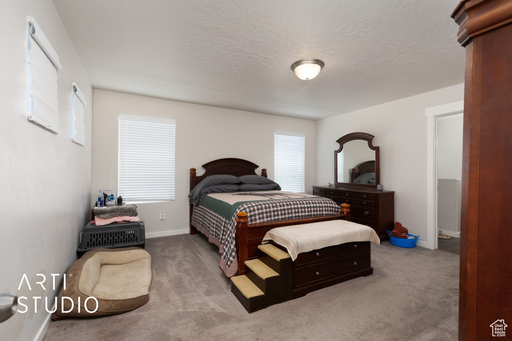 Carpeted bedroom featuring baseboards and a textured ceiling