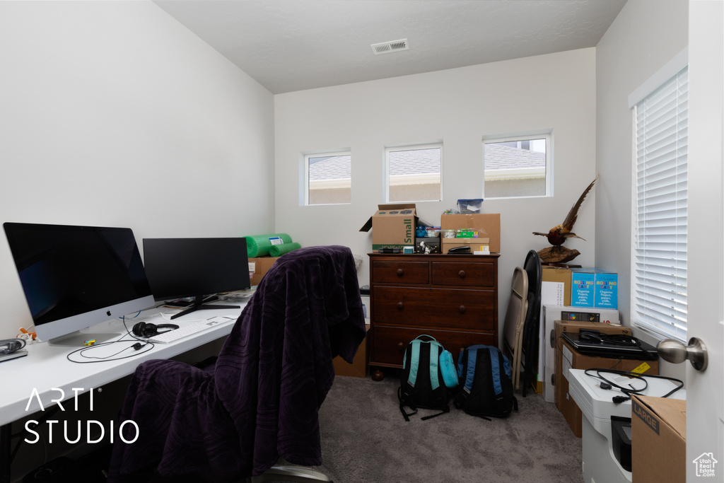 Carpeted home office with healthy amount of natural light