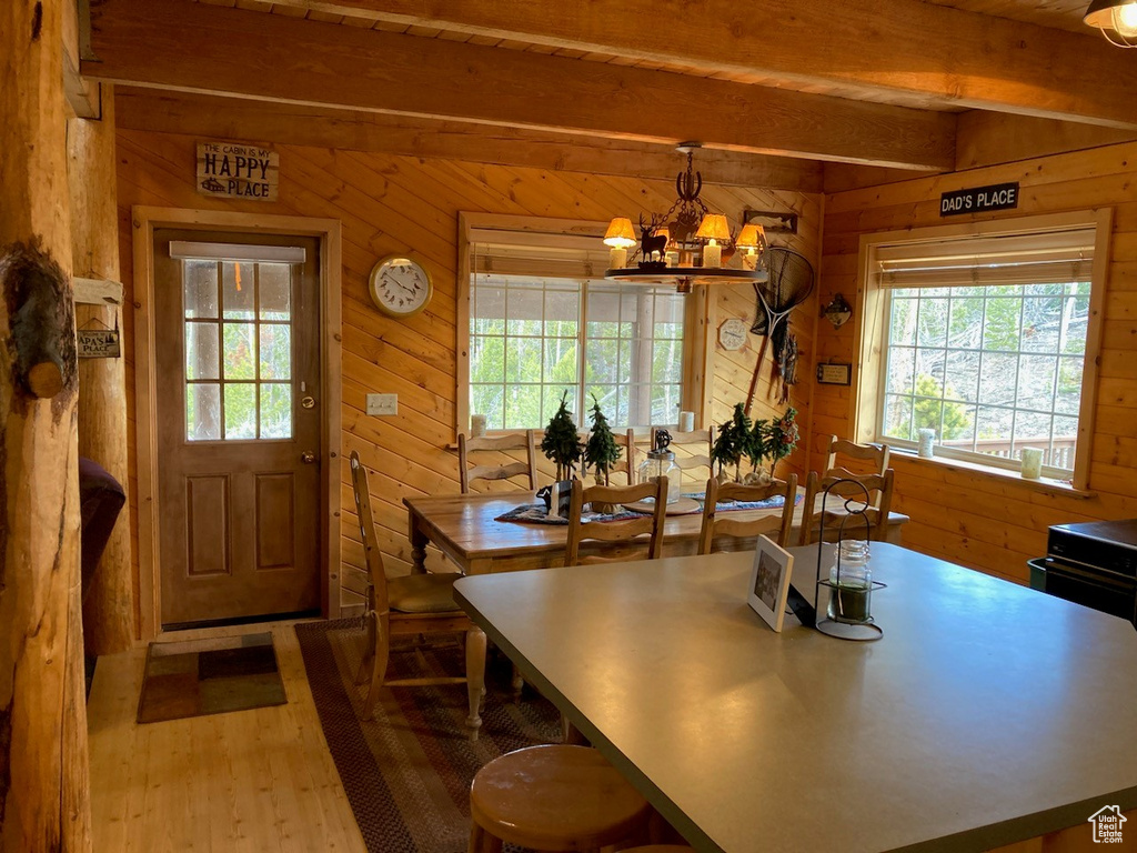 Dining area featuring wood-type flooring, wooden walls, plenty of natural light, beamed ceiling, and a chandelier