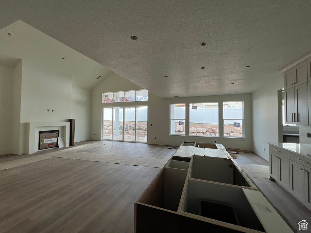 Kitchen featuring a fireplace, open floor plan, light wood-type flooring, and a textured ceiling