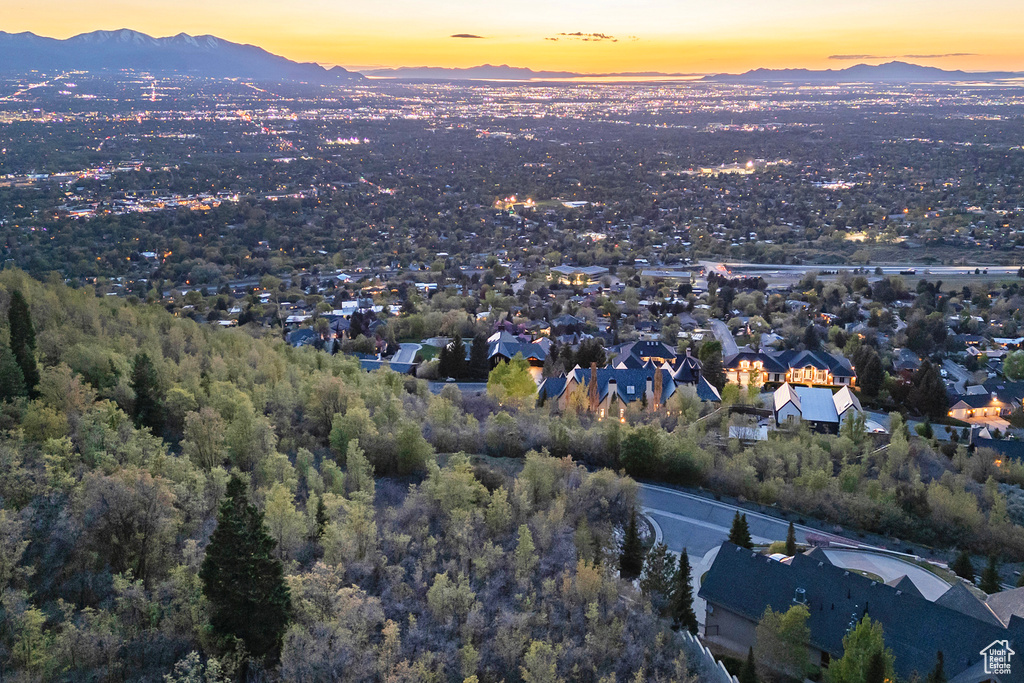 Aerial view at dusk with a mountain view