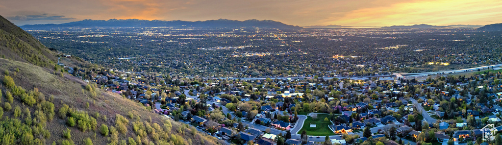 Aerial view at dusk with a mountain view