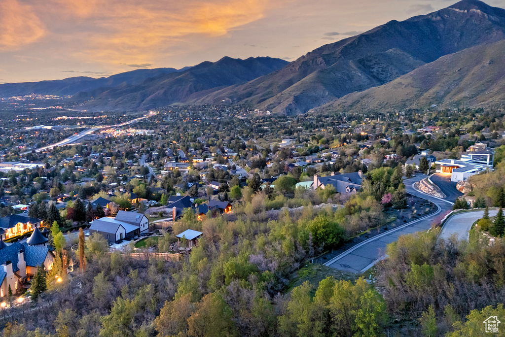 Aerial view at dusk with a mountain view