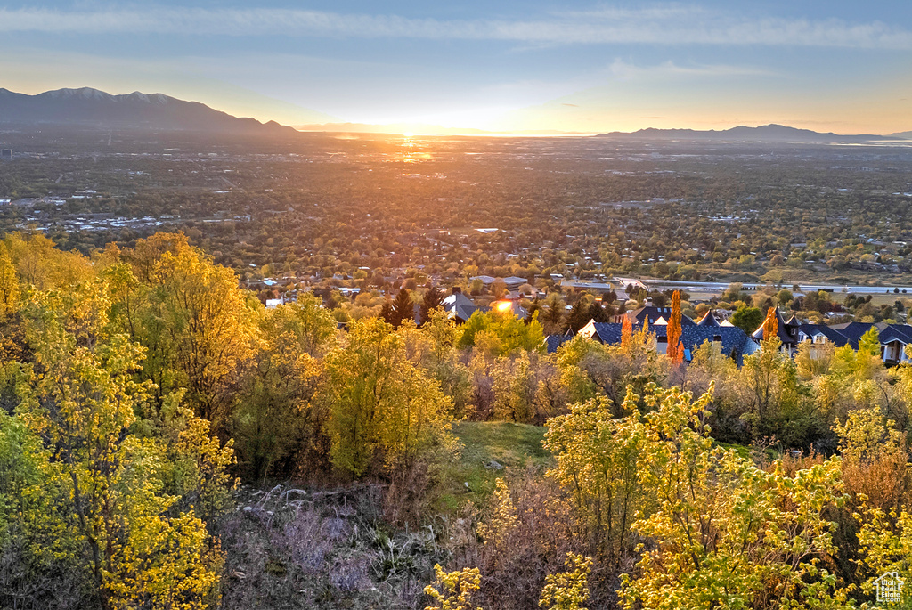 Aerial view at dusk with a mountain view