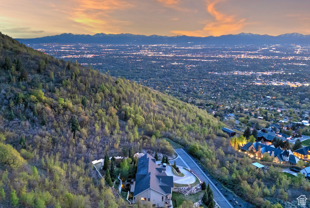 Drone / aerial view with a view of trees and a mountain view