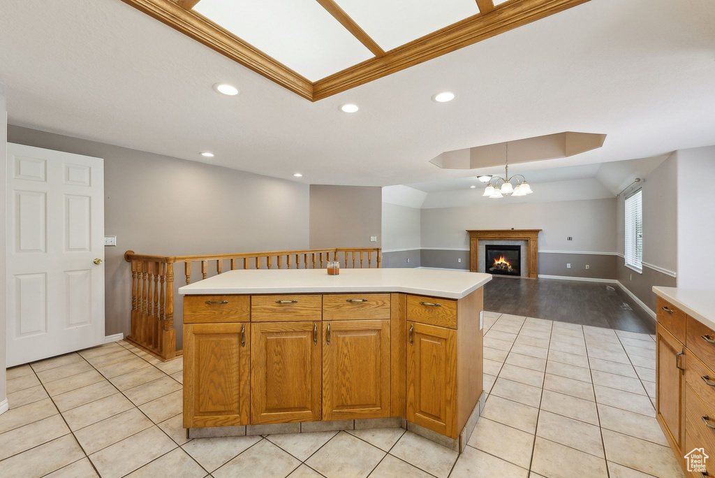 Kitchen featuring recessed lighting, light countertops, and light tile patterned flooring