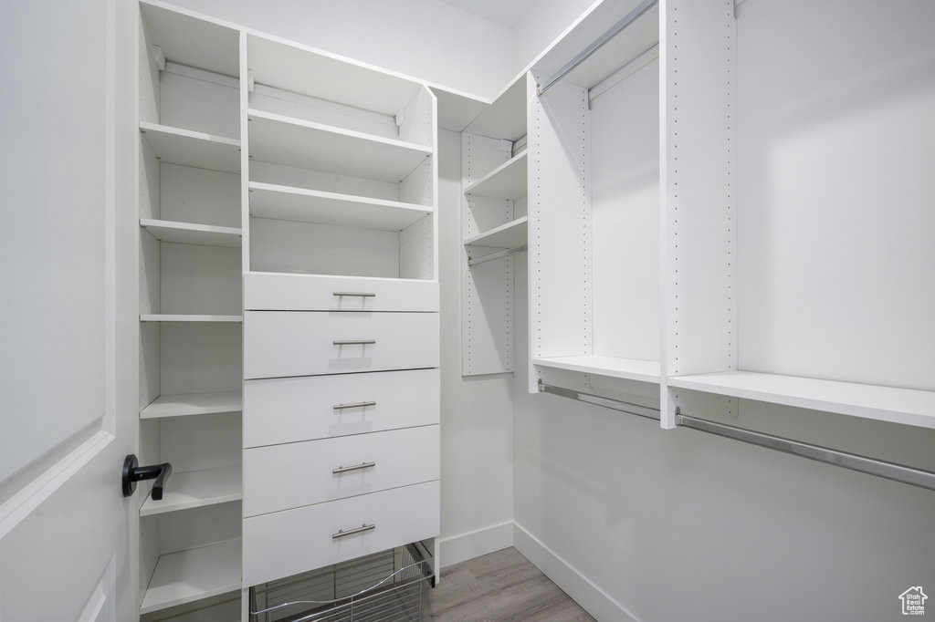 Walk in closet featuring light wood-style flooring