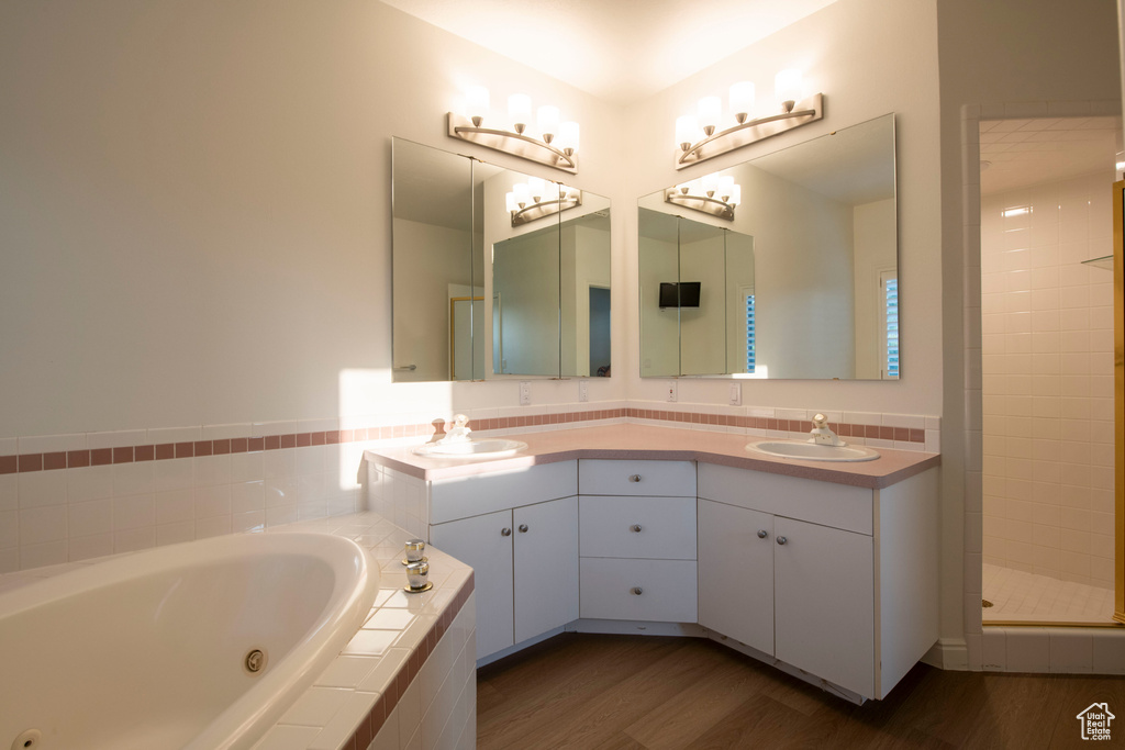 Bathroom featuring a sink, double vanity, a whirlpool tub, and wood finished floors