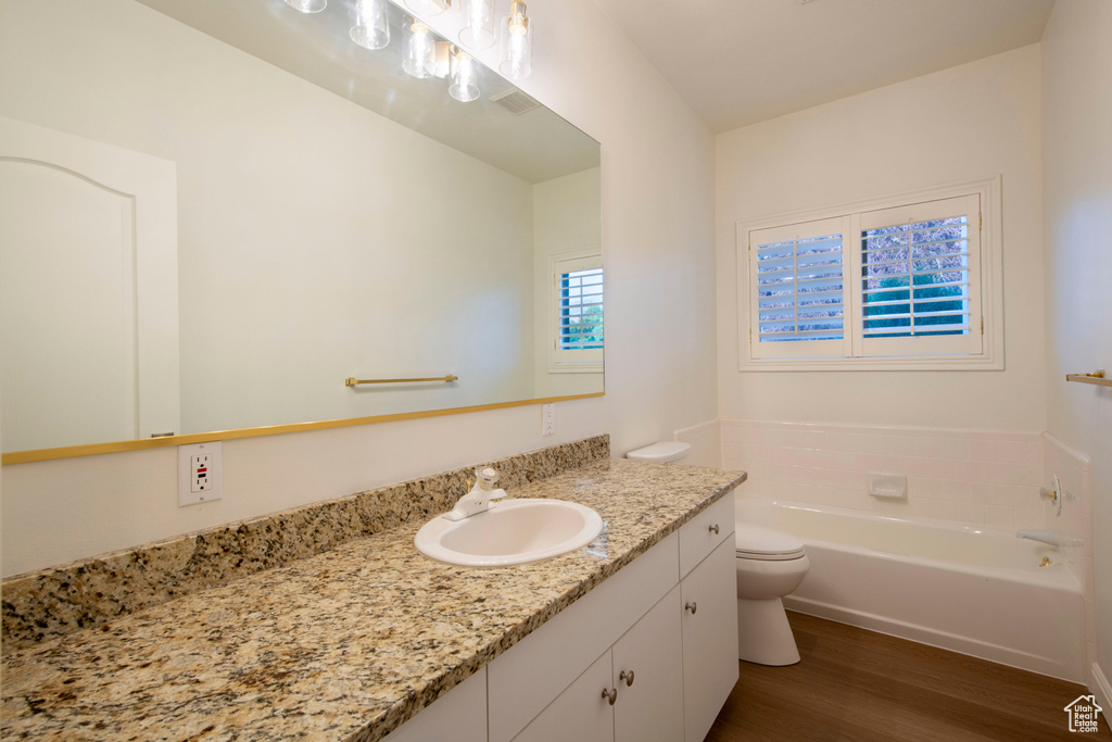 Bathroom with toilet, wood finished floors, a bath, and vanity