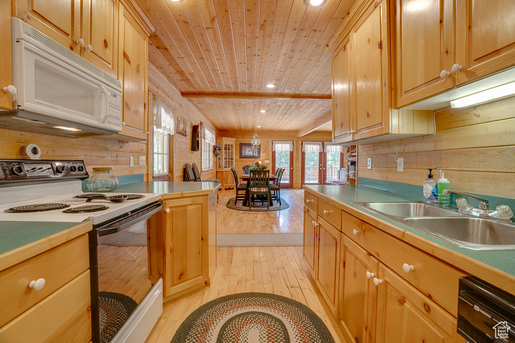 Kitchen featuring wood walls, white microwave, electric stove, wood ceiling, and light wood-style floors