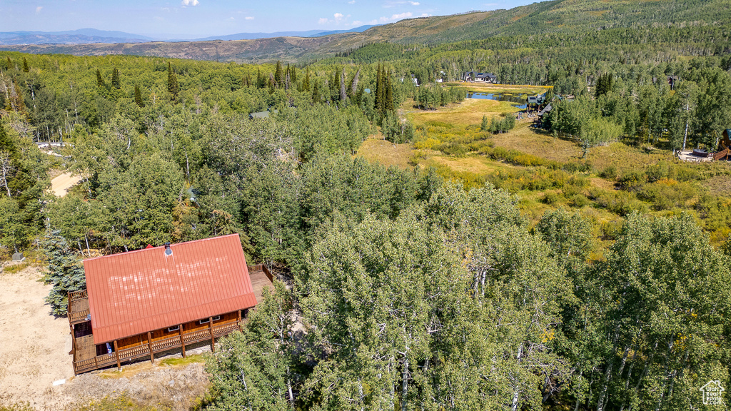Drone / aerial view featuring a mountain view and a wooded view