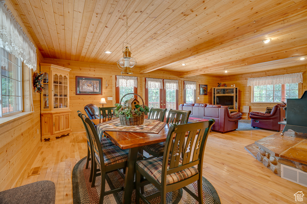 Dining space with wood ceiling, light wood-style flooring, wood walls, visible vents, and recessed lighting