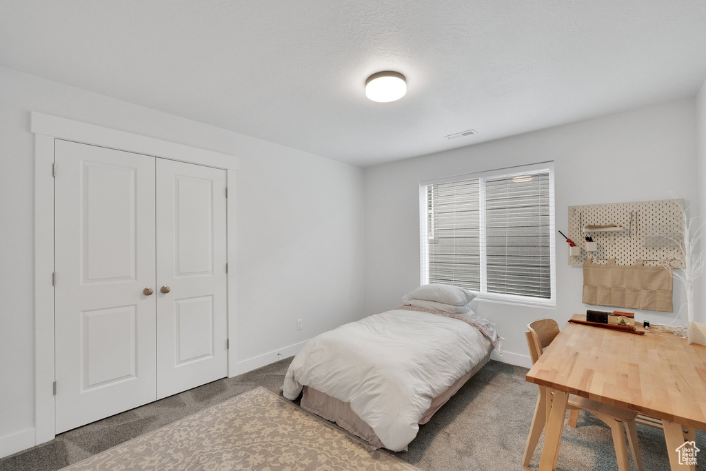 Carpeted bedroom with baseboards, a closet, and visible vents