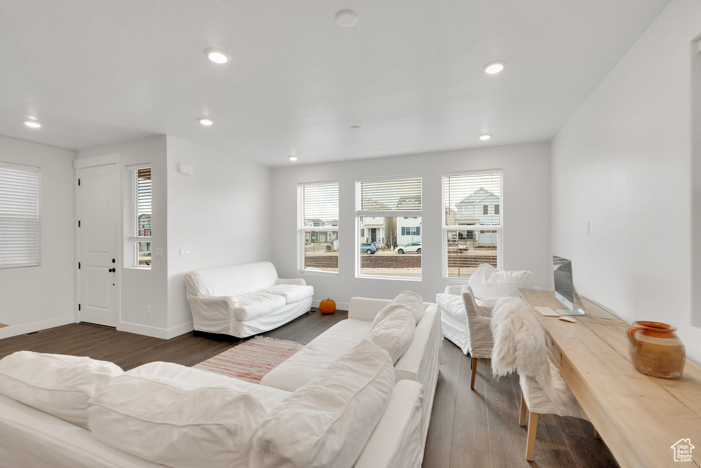 Living area with dark wood-style flooring, baseboards, and recessed lighting