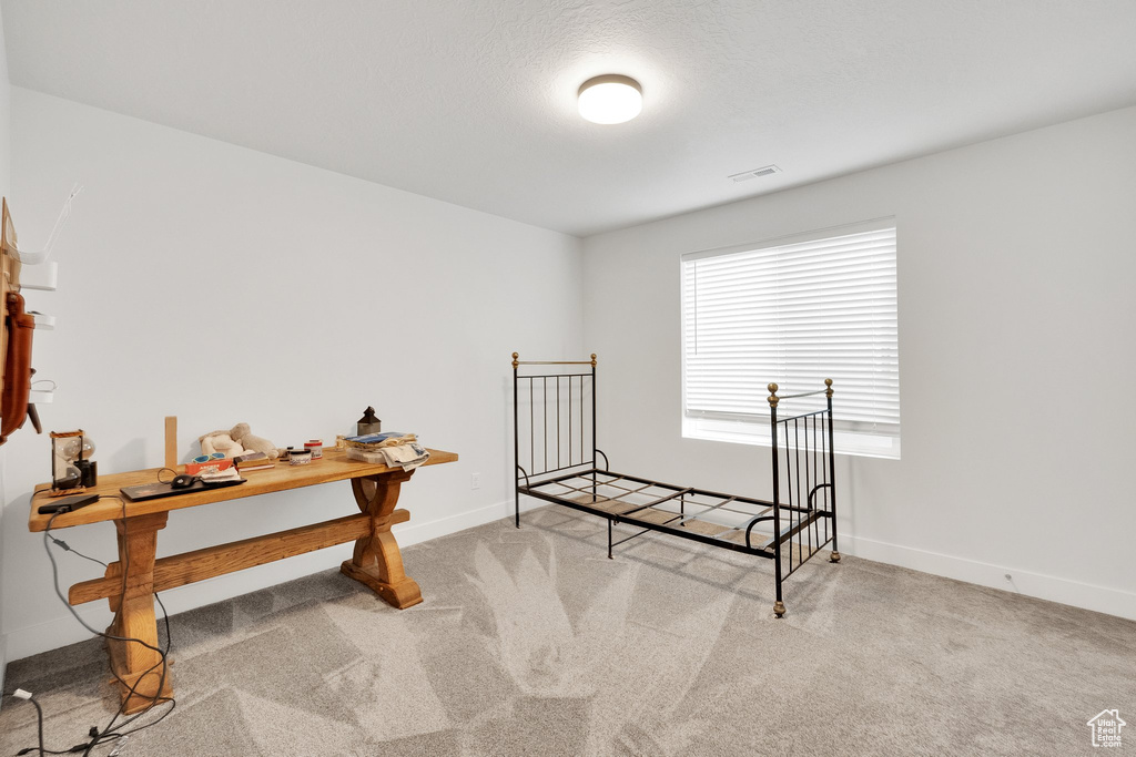Interior space with baseboards, light carpet, and visible vents