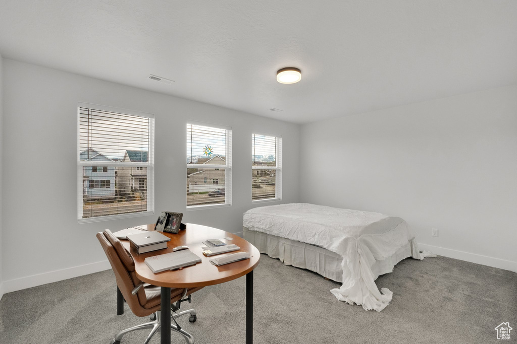 Carpeted bedroom with baseboards and visible vents