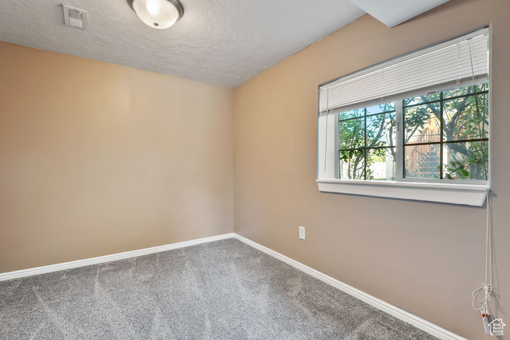 Unfurnished room with a textured ceiling, carpet floors, baseboards, and visible vents